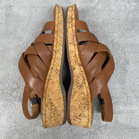 Born Sandals Womens 9 M Brown Tan Laila Leather Woven Strappy Cork Wedge Buckle - Picture 6 of 13